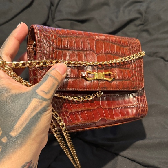 Vintage Liz Claiborne Brown Croc print Leather purse w/gold detachable Chain - Picture 11 of 16